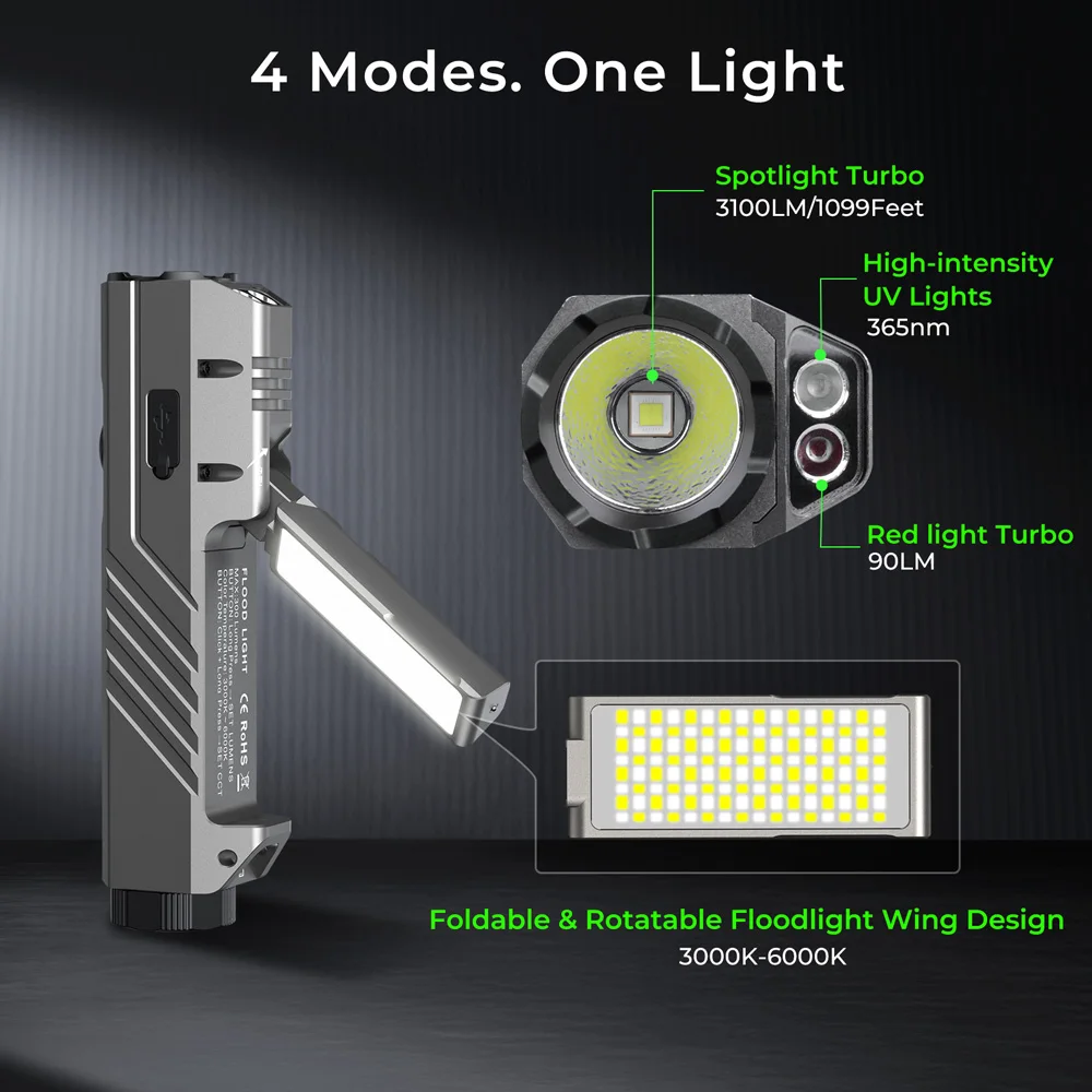 Wurkkos HD05 Leistungsstarke LED-Taschenlampe 3100LM IPX6 mit UV-Licht, rotem Licht, Seitenlicht, 5000mAh Akku, Magnetschalter für Camping