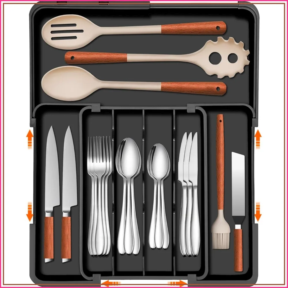 Expandable Silverware Organizer - Adjustable Kitchen Drawer Holder for Forks, Knives, Spoons, Black
