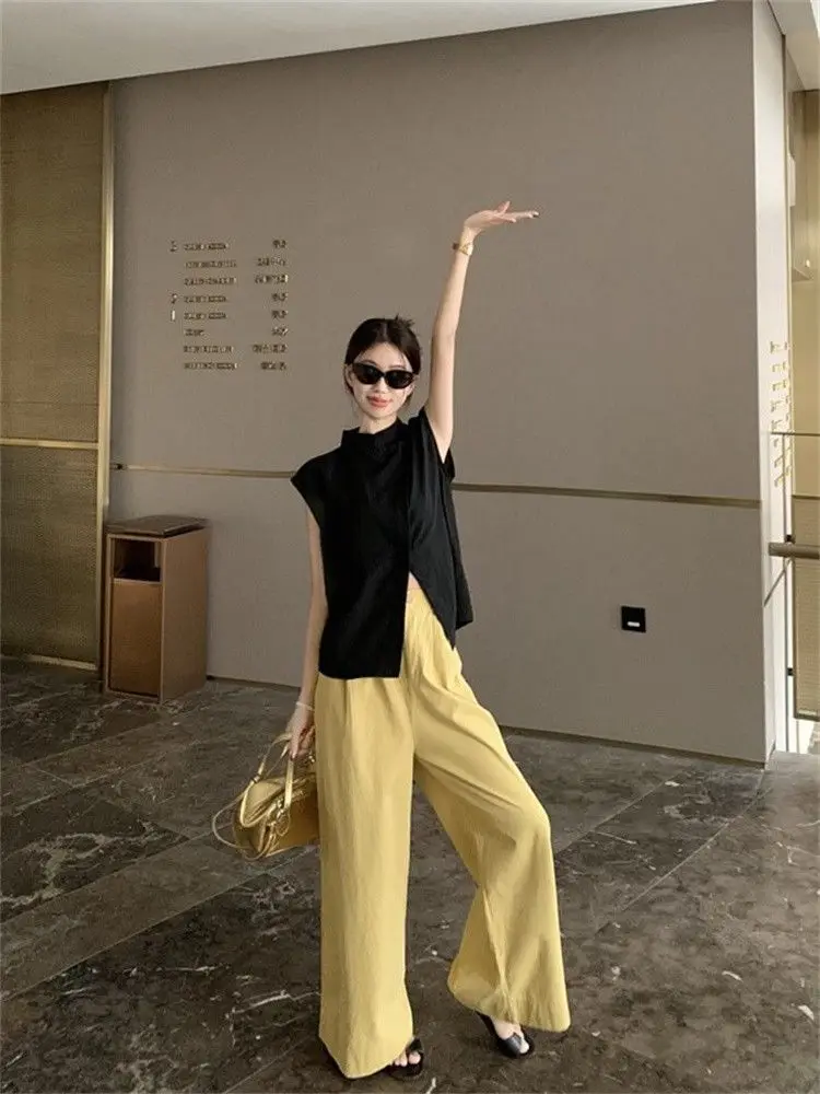 Black Half High Collar Loose Sleeveless Shirt for Women's Summer New Solid Color Versatile Slimming Casual Pants Fashion Set