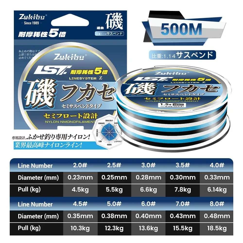 ZUKIBO Camo Blue Halb-Schwimmende Nylon-Angelschnur, glatt beschichtet, abriebfest, Monofilament-Schnur für Felsangeln, 500M/300M/200M – Detail 2