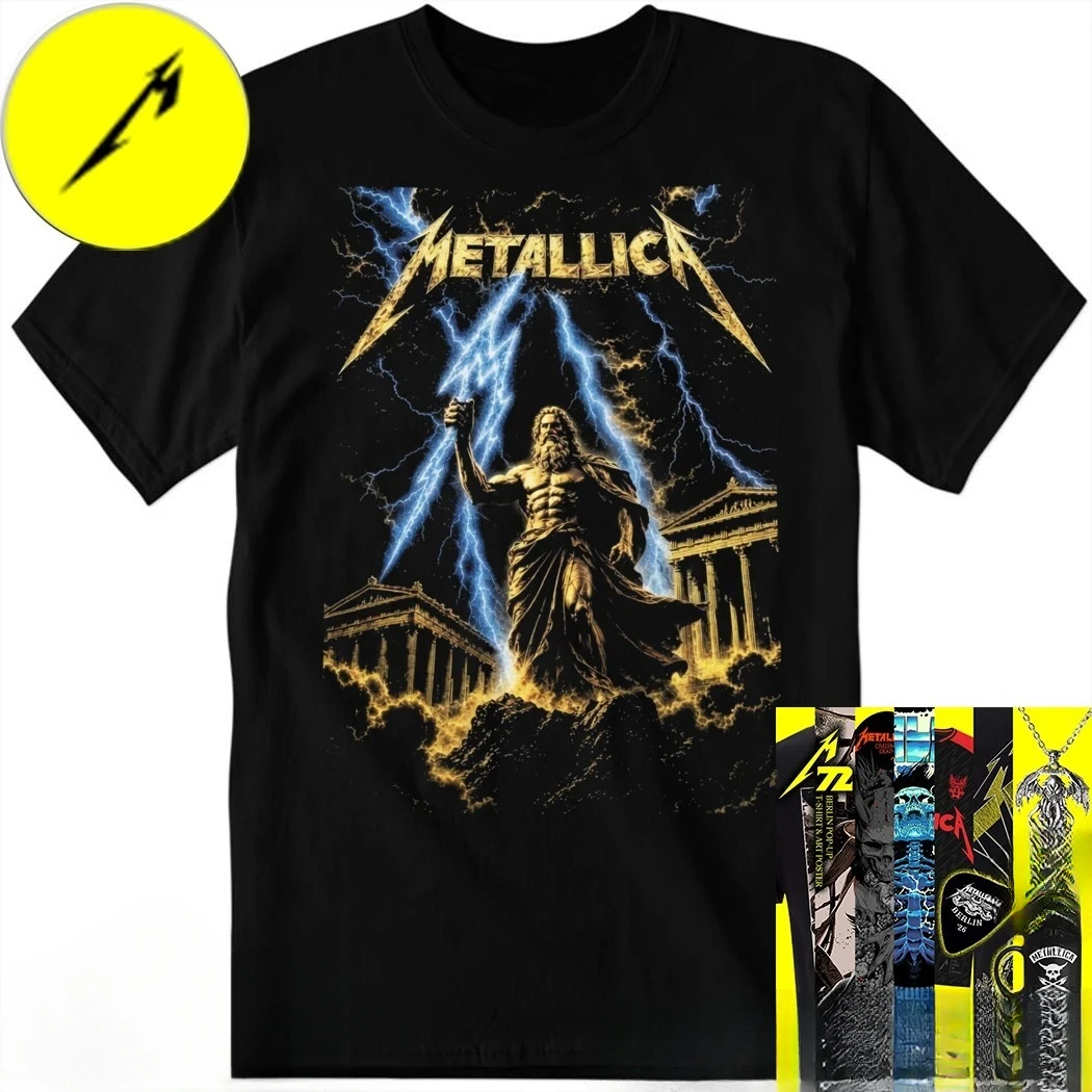 T-shirt Metallica Athènes Grèce juin 2026 avec logo doré Zeus et éclair bleu, en coton, pour hommes et femmes, streetwear d'été