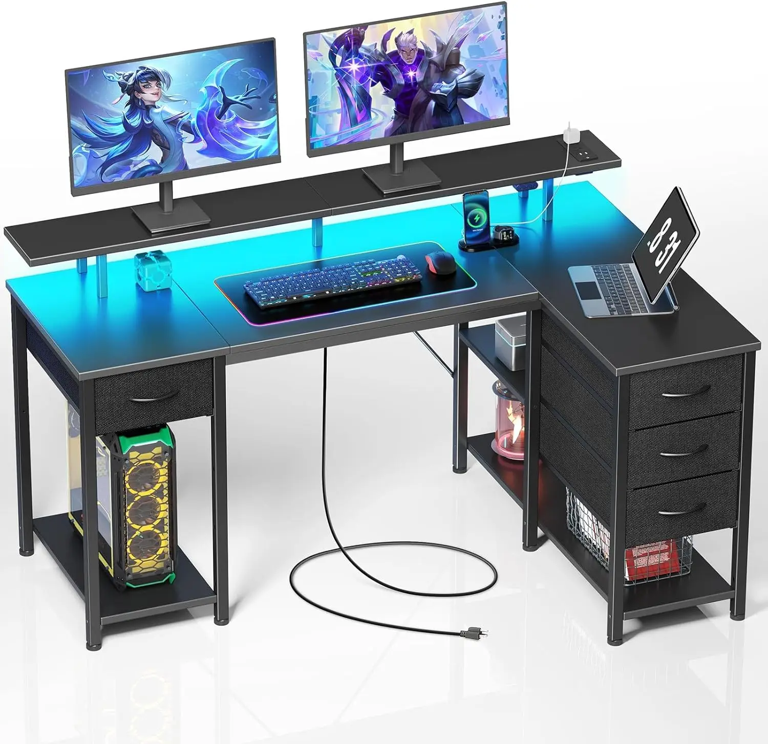 

Gaming Desk with Drawers, 55.1 Inch L Shaped Desk with Storage Shelves, Small Office Desk with LED Lights & Power Outlets