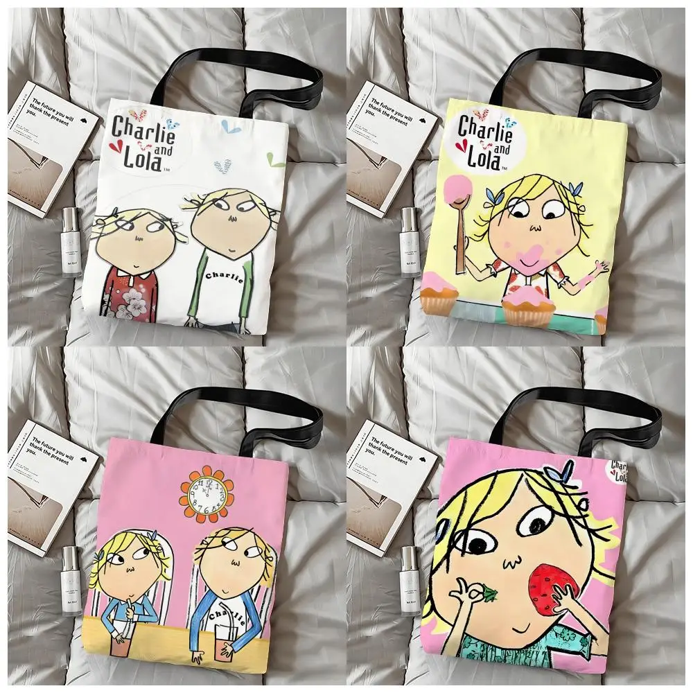 Charlie and Lola Anime Storage Bags Canvas Double-Sided Print Shoulder Handbag Reusable Eco-Friendly Shopping Tote Bag