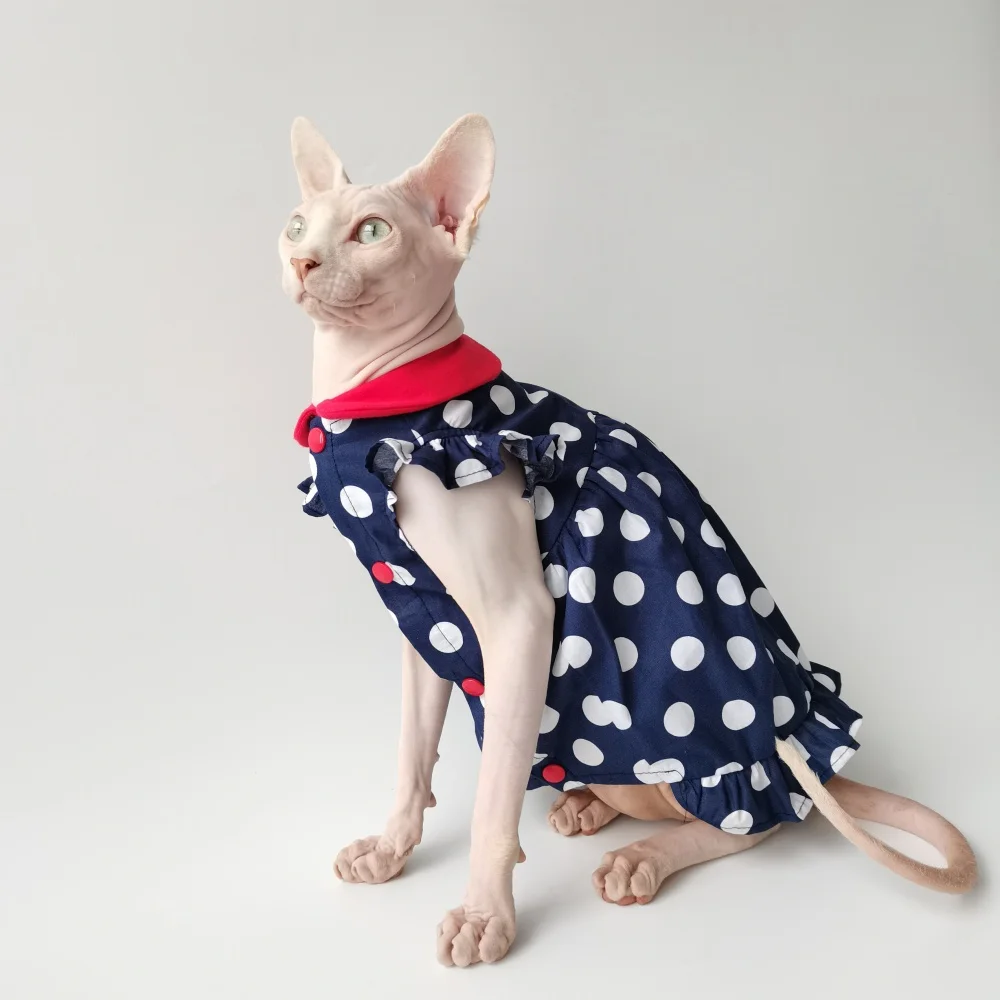 Summer Thin Red Collar Navy Blue Princess Dress for Sphynx Cat Polka Dot Skirt for Devon Curly Cool Fabric Shirt for Female Cat
