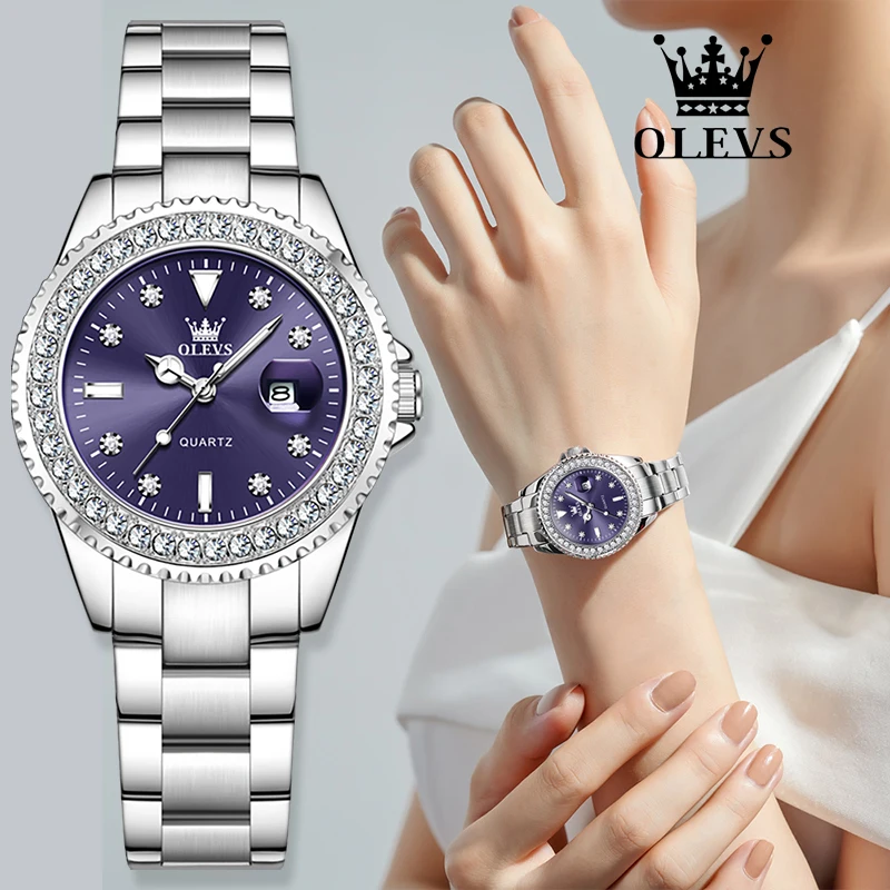 OLEVS Women's Watches Luxury Business Elegant Steel Quartz Wristwatch Diamond-encrusted Fashion Dress Gifts Box For Ladies