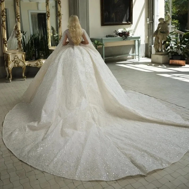 Luxury Shiny Ball Gown Wedding Dress Beading Appliques With Cape Princess Bridal Gown Robe De Mariage