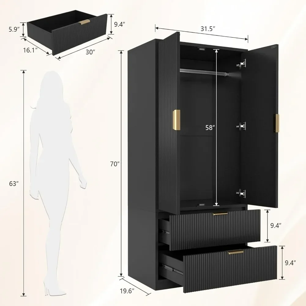 Wardrobe Closet with 2 Doors and 2 Drawers,70