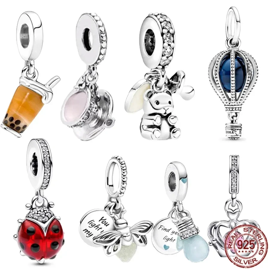 925 Solid Silver Bubble Tea Teddy Dangle Bear Balloon Glow-in-the-dark Firefly Lamp Bulb Charm Fit Pandora Bracelet Bead Jewelry