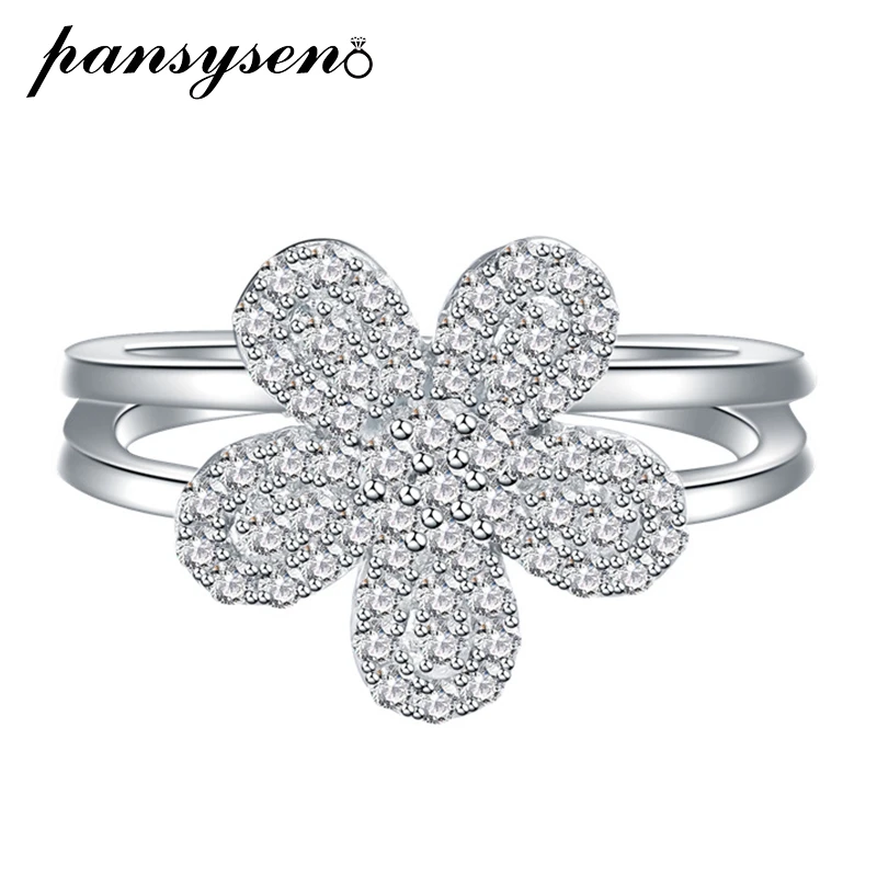 

PANSYSEN 100% 925 Sterling Silver Flower Shape High Carbon Diamond Gemstone Wedding Engagement Ring Fine Jewelry Gift Wholesale