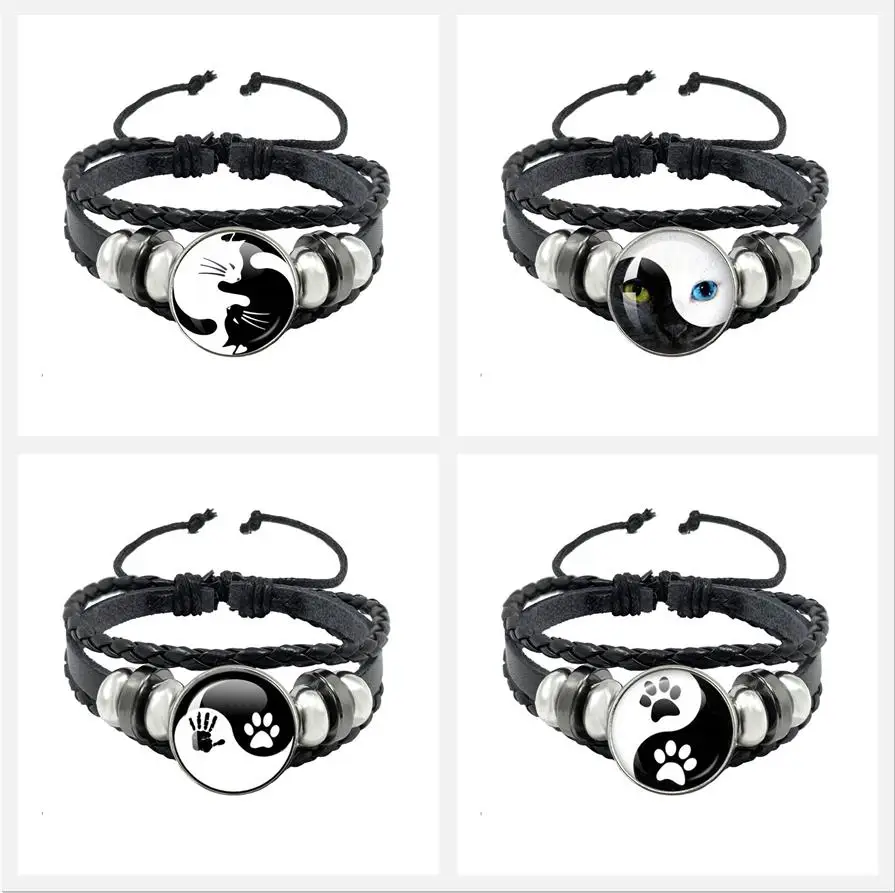 Yin Yang Cats Tai Chi Couple Bracelet Leather Bracelet Glass Cabochon Charm Pendants Women Men Jewelry Gift