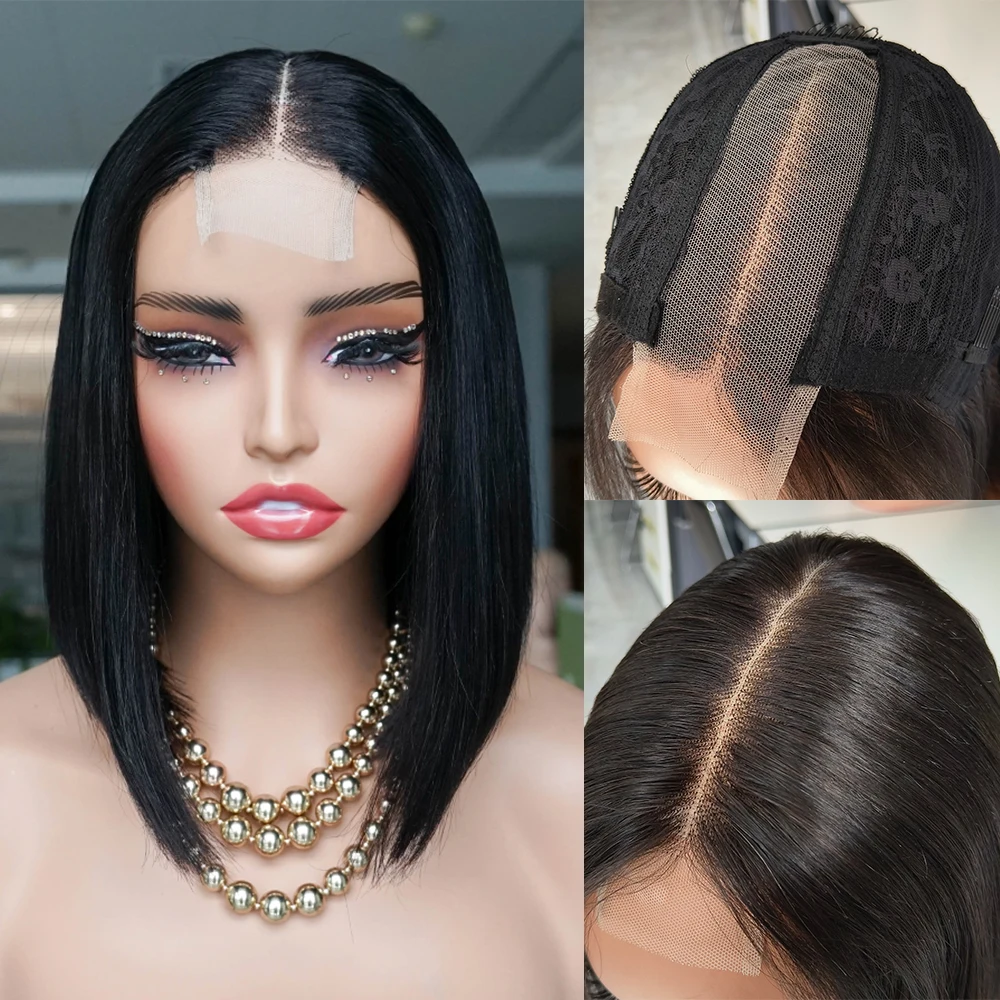 180% Double Drawn 2*6 Lace Bob Wigs Vrigin Vietnamese Human Hair Deep Middle Part Hairline Bone Straight Short Bob Wig KissHair