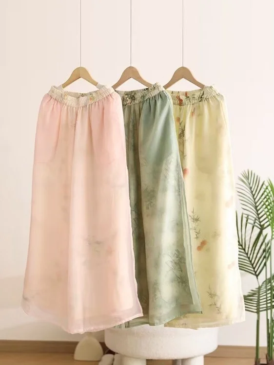 Ele Vintage Damen-Hose mit weitem Bein, bedruckt, Kaltton, Blumenmuster, Schneefee, Aosphere, hohe Taille, gerader Schnitt, Freizeithose