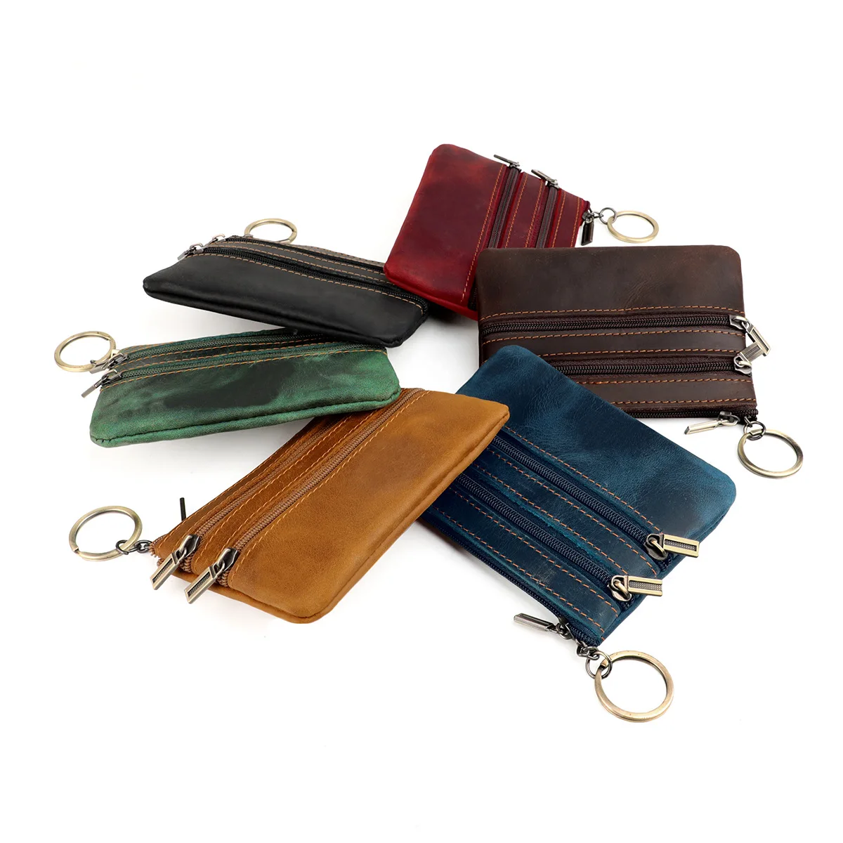 Coin Purse Pouch for Men Genuine Leather Coin Purses 3 Zipper Pocket with Keychain Ring Credit Card Holder Change Wallet for Men