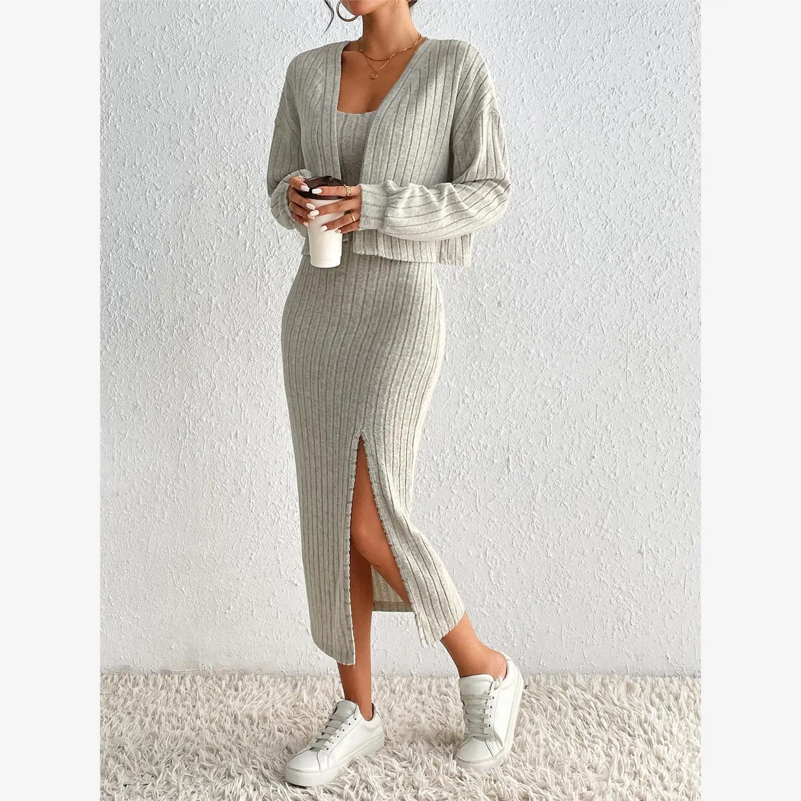 Ensemble Long tricoté Sve Dr pour femme, manteau décontracté avec sangle, Ensemble adapté aux âges de 8 à 25 ans, automne et hiver