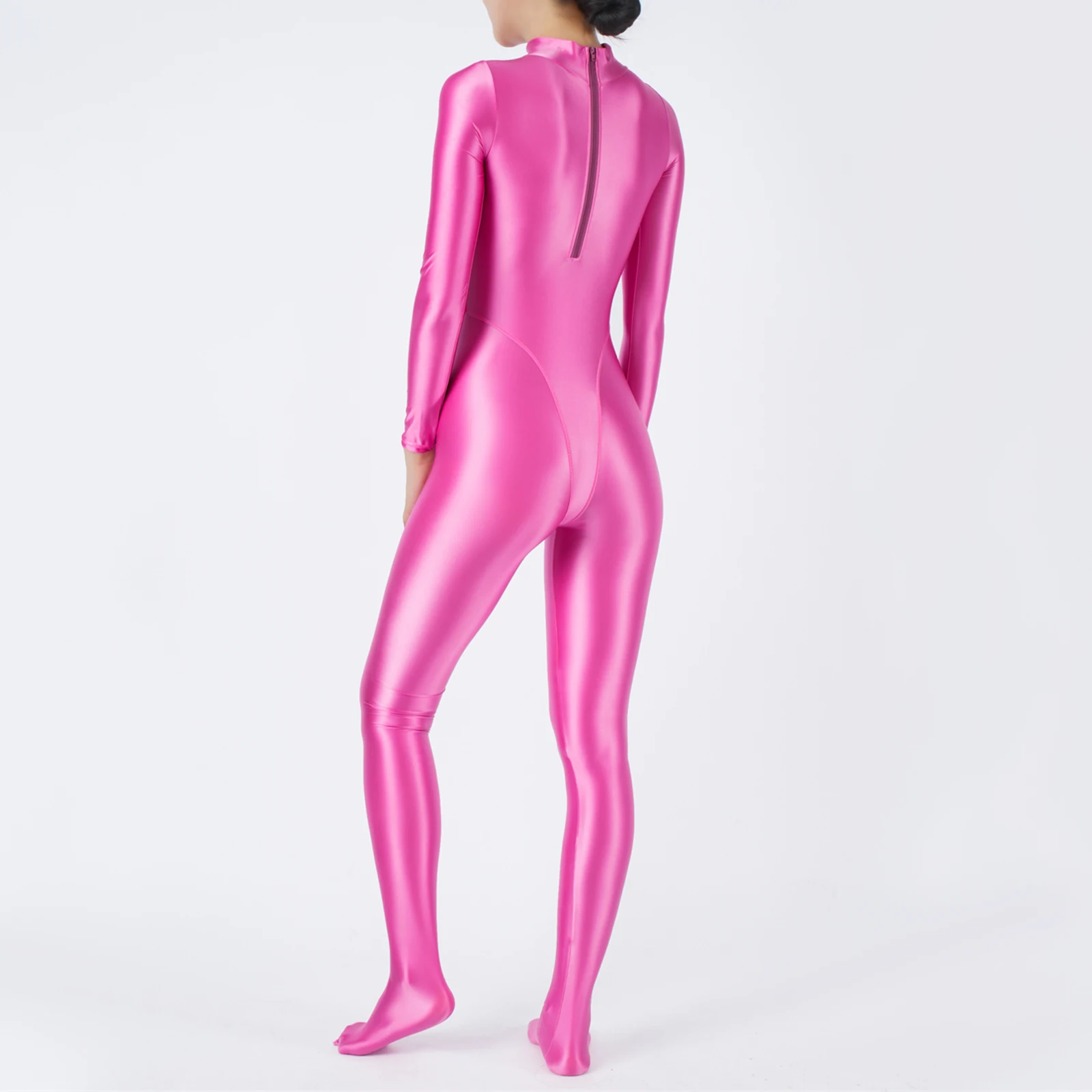 Womens Oil Shiny Glossy Jumpsuit Mock Neck Long Sleeve Full Body Tights Bodysuit Gym Workout Fitness Yoga Rash Guard Swimsuit