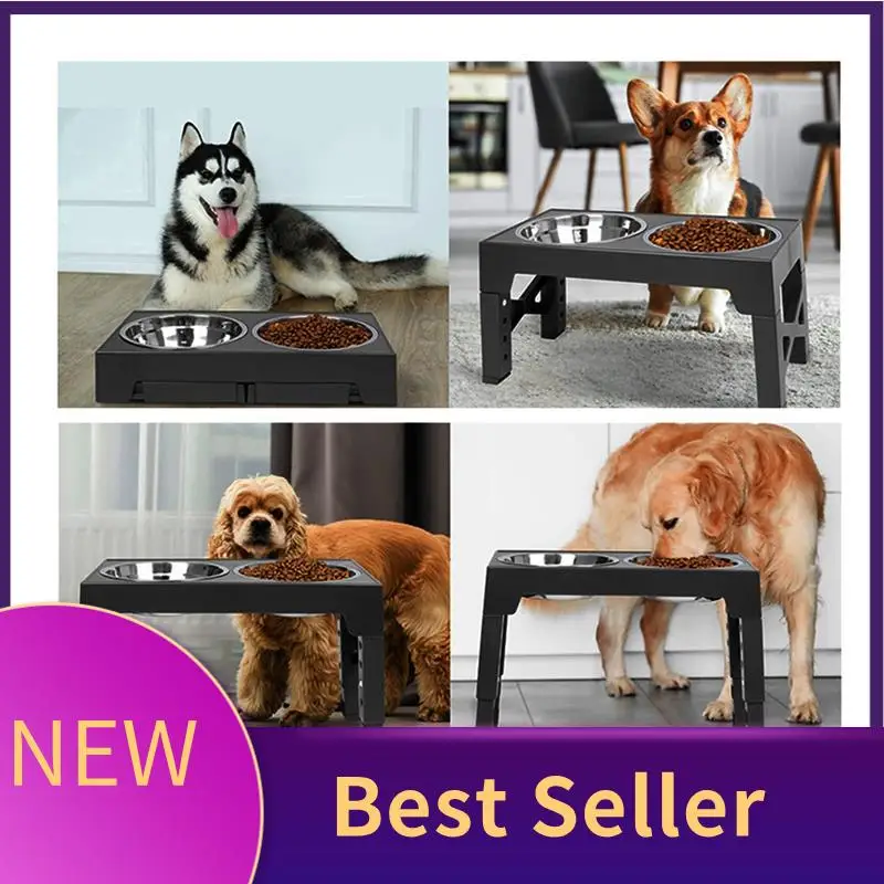 

ABLU-Elevated Dog Bowls With 2 Stainless Steel Dog Food Bowls, Adjusts To 5 Height For Small And Big Dogs, Black