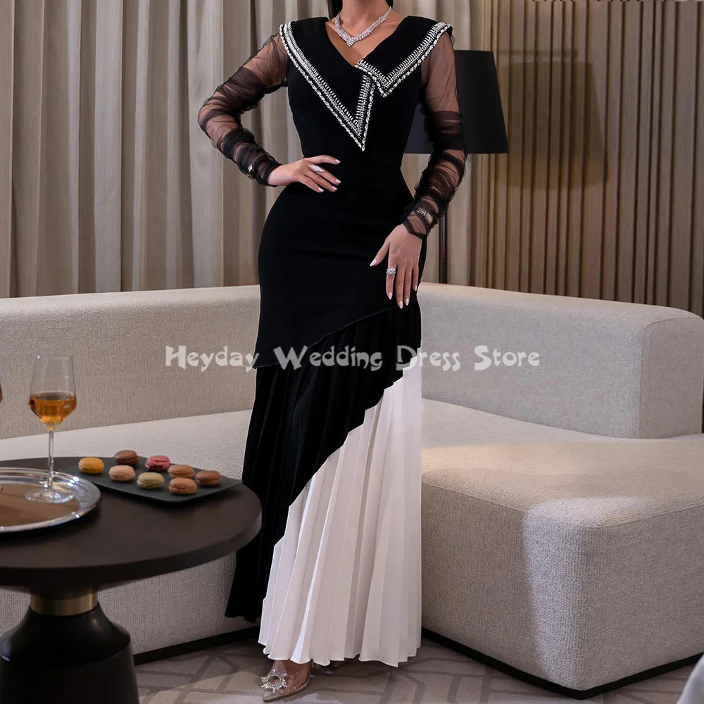 

Heyday Women's Crepe V Neck Beaded Mermaid Floor-Length Saudi Evening Dresses With Black Tulle Long Sleeves Elegant Dresses 2025
