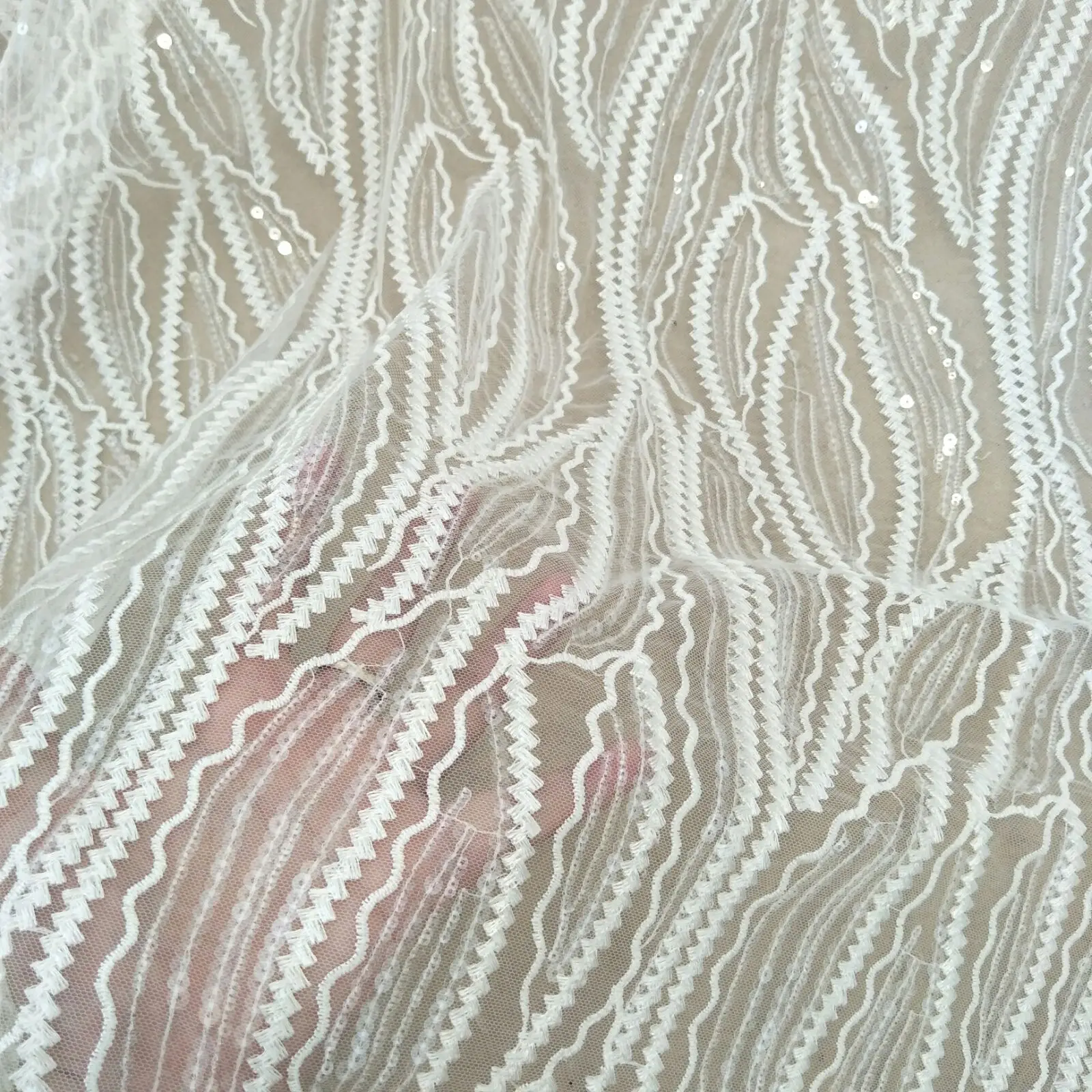 Fashion line sequins lace fabric 130cm width dress lace fabric wedding gown dress lace sell by yard