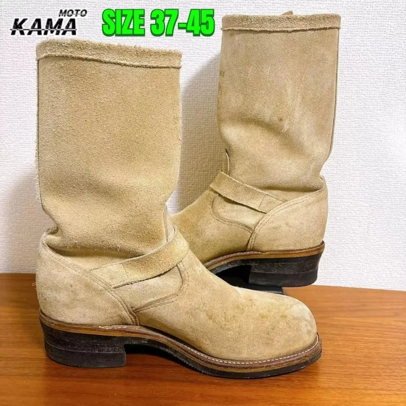 Handmade Vintage Velvet Khaki Work Boots Men's American Style Mid-Calf Retro Thick Bottom Belt Buckle Motor Vehicle Engineeri
