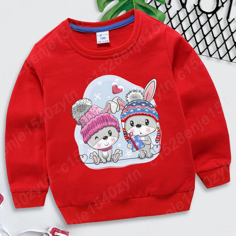 

New Christmas Rabbit Print Round Neck Sweatshirts Children Casual Loose Long Sleeve Hoodless Pullovers Cool Kids Boys Girls Tops