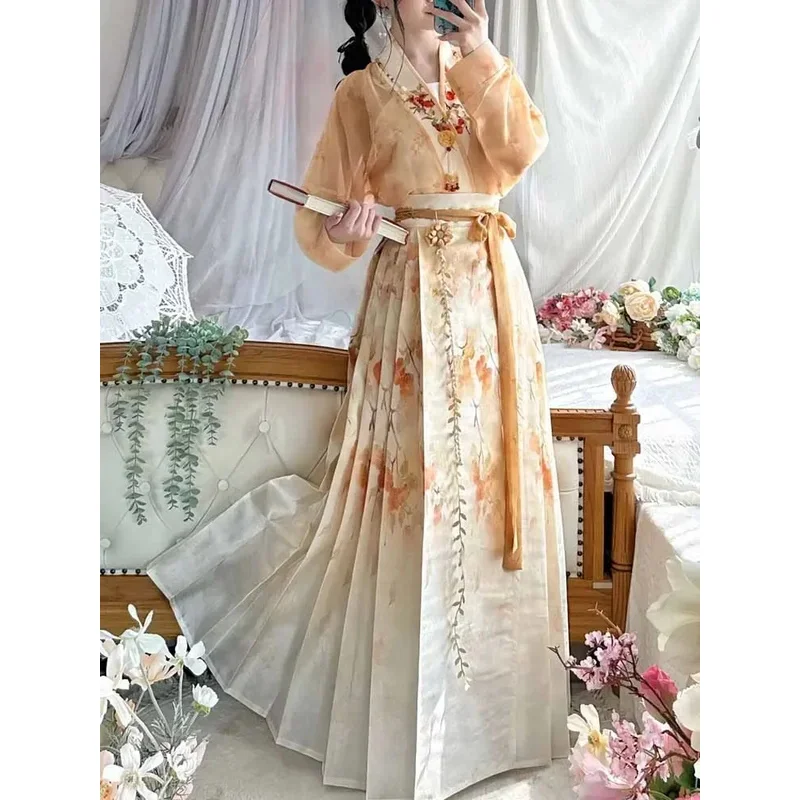

2025 Chinese Ancient Women Party Outfit 2024 Summer Printed Modern Yellow Top Pleated Skirt 3pcs Hanfu Sets Plus Size yi;4
