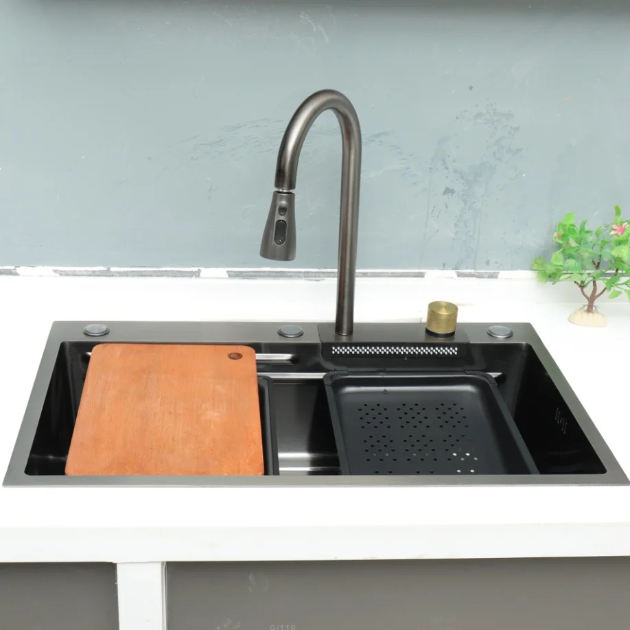 

ChristmasDiscount Multifunctional Black Kitchen Sink 304 intelligent Stainless Steel Large Sink with Dishwasher forHotel Kitchen