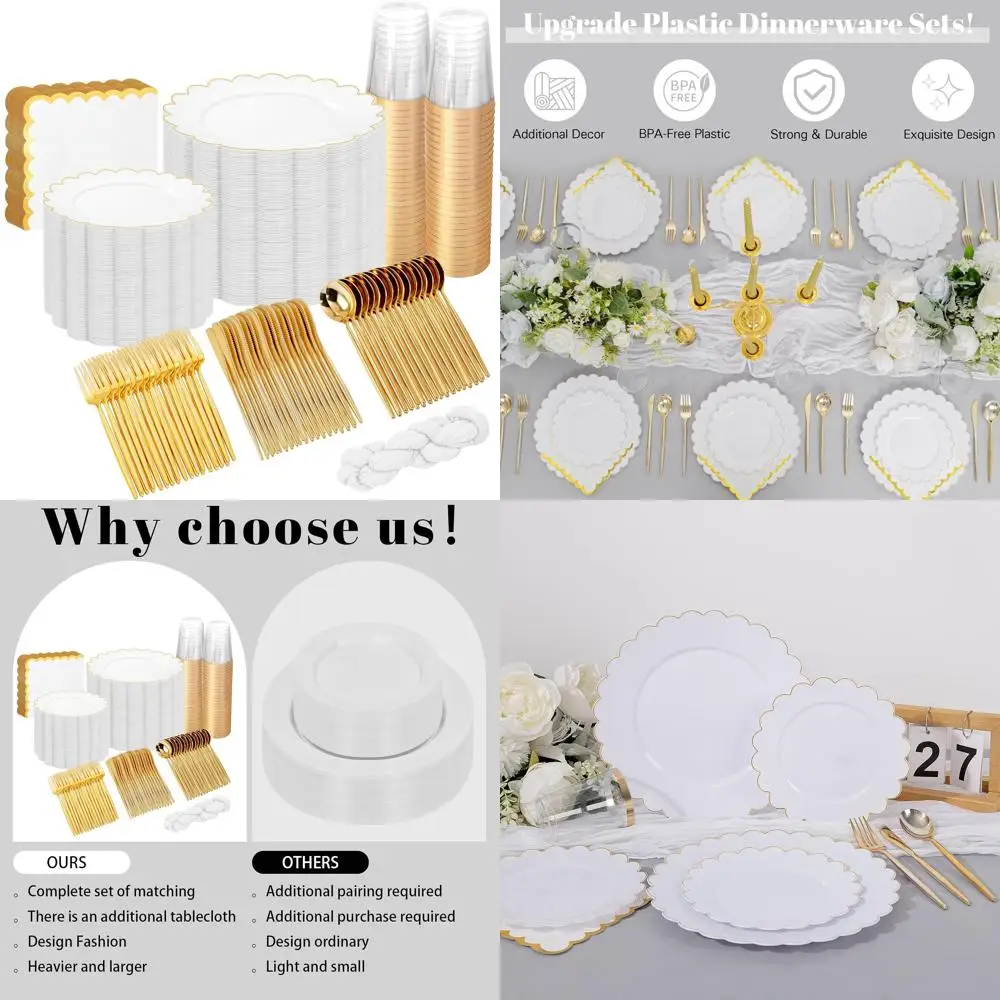 

Модернизированный набор белой пластиковой посуды из 35 предметов с золотыми краями, включает направляющую для стола, одноразовый для элегантной столовой