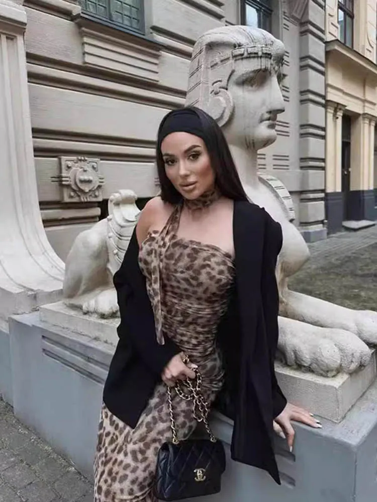 المرأة ليوبارد طباعة تول Ruched مشد المحاصيل الأعلى خمر الرسن عارية الذراعين تصميم مثير الصيف حزب قمة الموضة