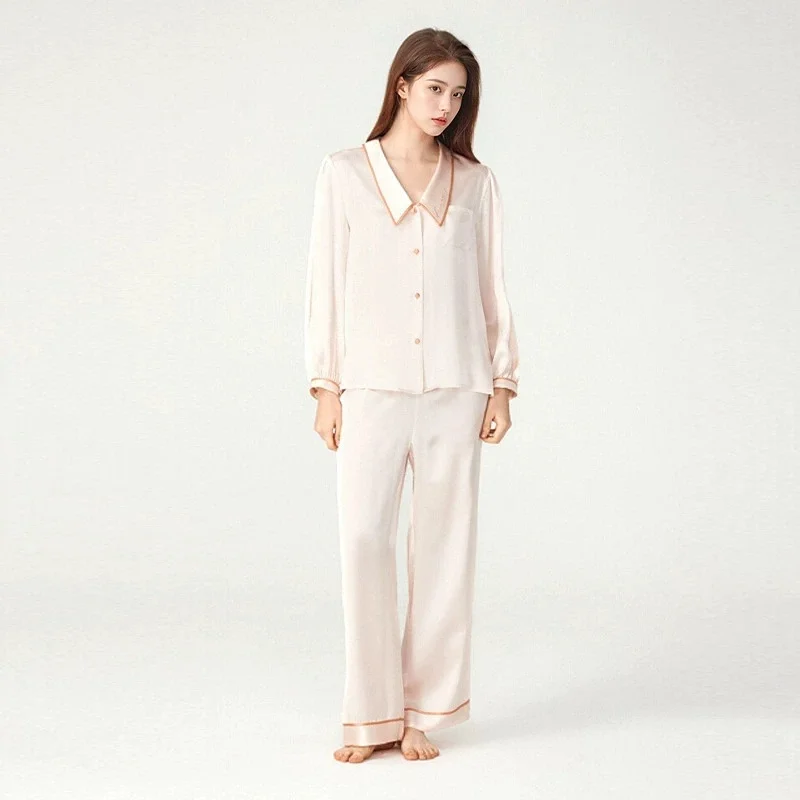 Women's New Summer Silk Pajamas Set - 100% Mulberry Silk Loungewear with Doll Collar, Embroidered Long Sleeves and Long Pants