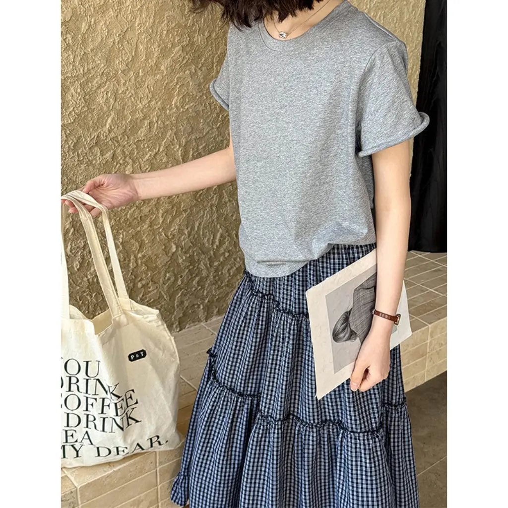 

Мандарин Чжи, весенняя футболка из чистого хлопка в корейском стиле с круглым вырезом и короткими рукавами, разноцветный топ высокого качества, 5512t