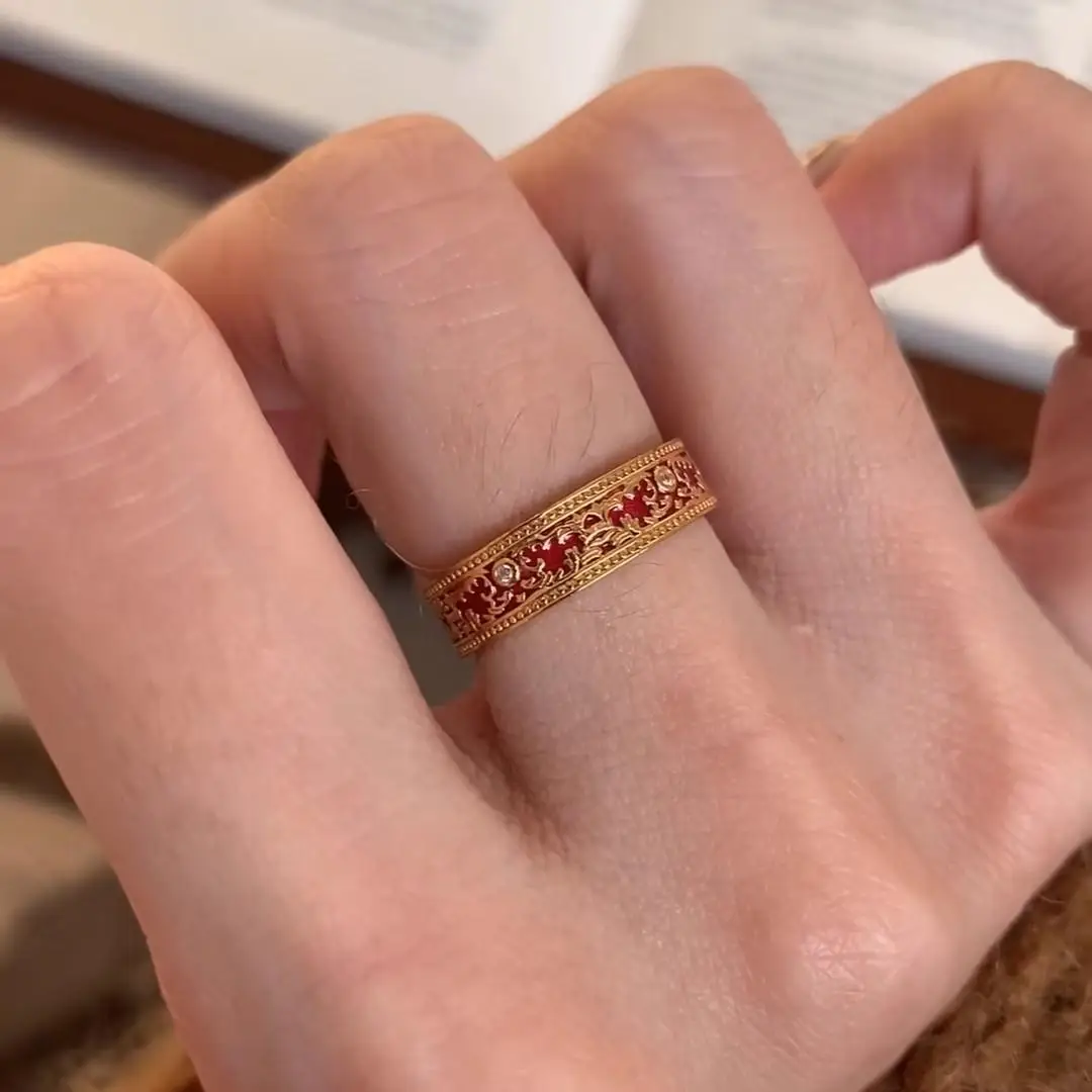 Vintage new in red enamel drip diamonds Ring court style light luxury rings for women gorgeous fine banquet jewelry gifts