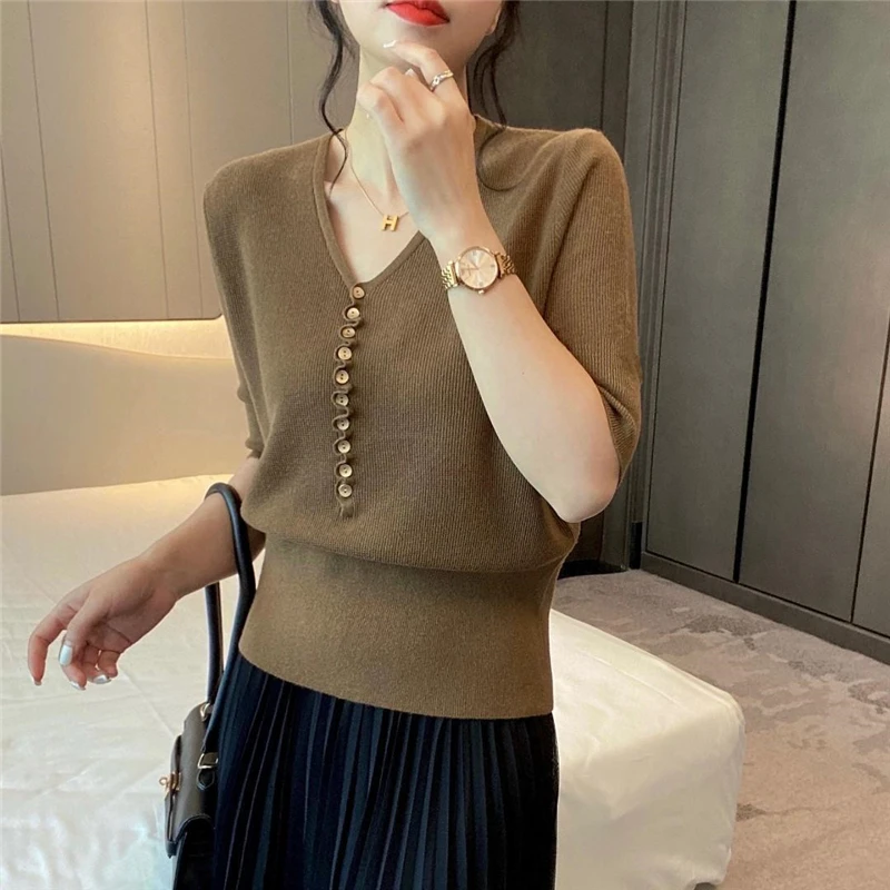 Women Ruffled Buttons Elegant Chic Knitwears Summer Fashion V Neck Half Sleeve Solid Slim Pullovers Office Lady Basic Knit Tops