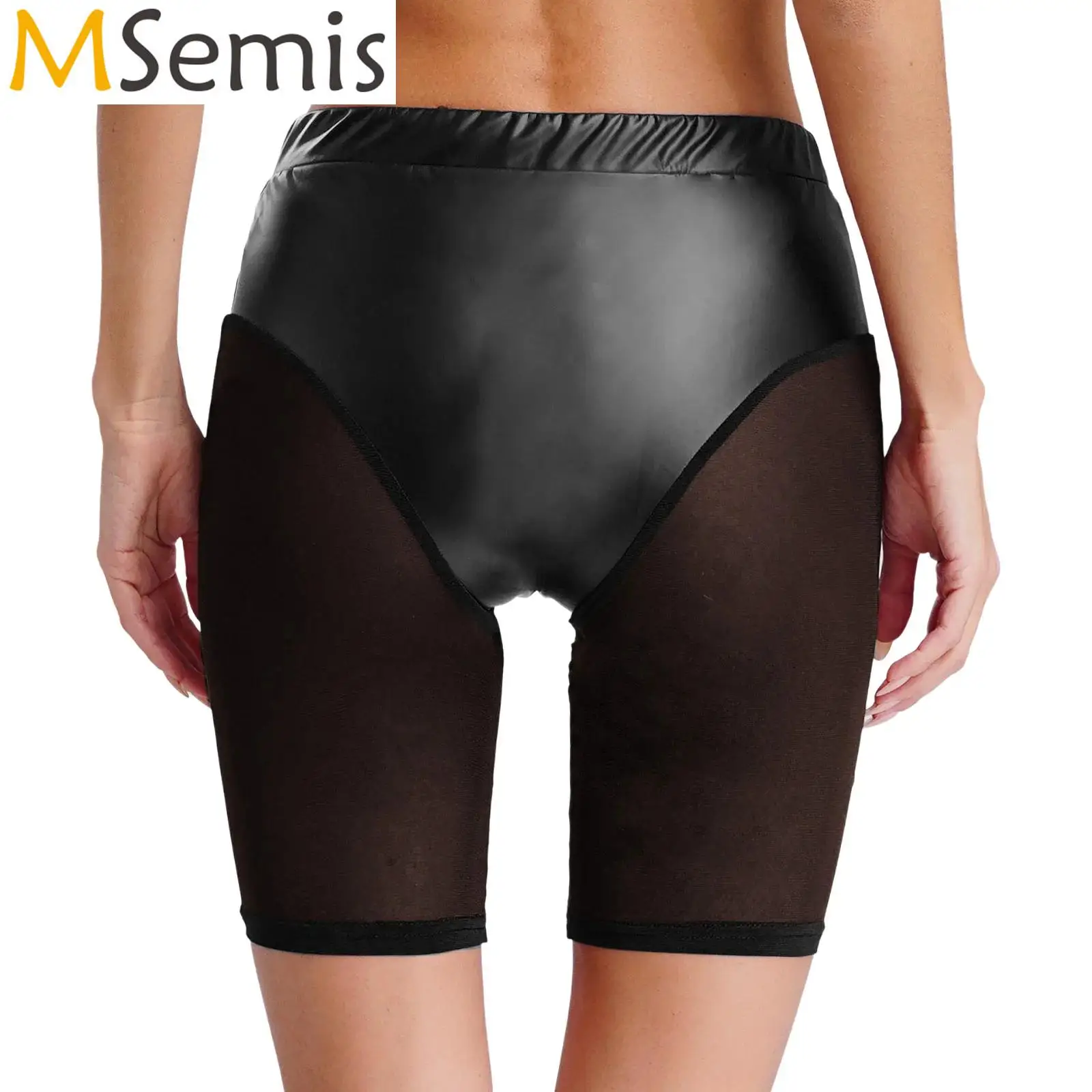 

Womens Stretchy Slim-fit Fifth Tight Compression Shorts Pants Faux Leather And Mesh Spliced High Waist Cycling Shorts Clubwear