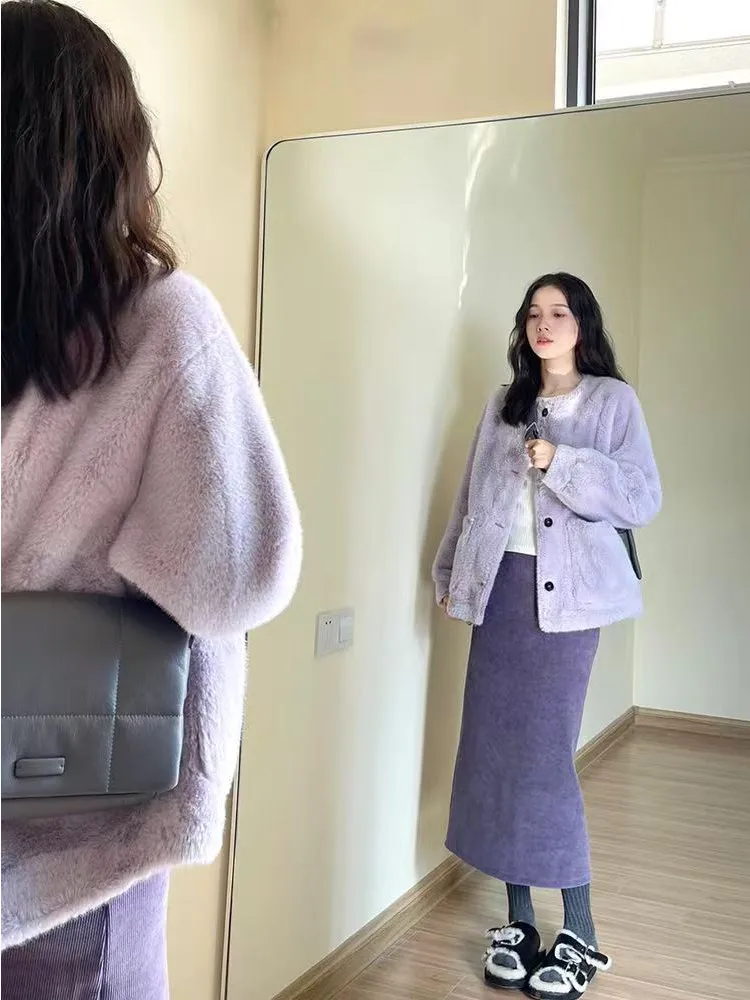 

Пальто женское зимнее из искусственного меха овчины, фиолетовое, утепленное, в корейском стиле, элегантное, свободного кроя, с длинным рукавом, на молнии