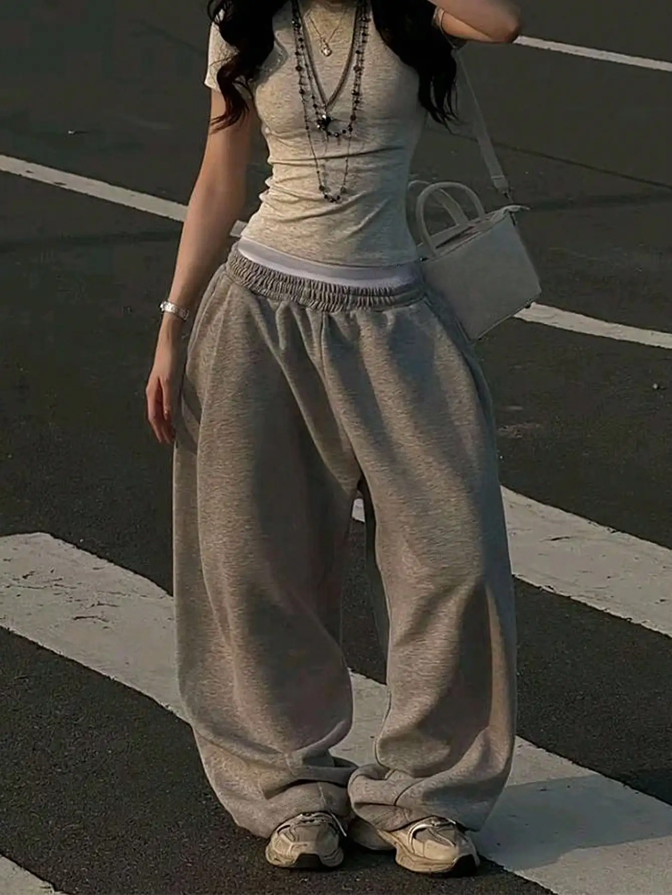 

Женские свободные спортивные брюки с эластичной талией в уличном стиле, серые