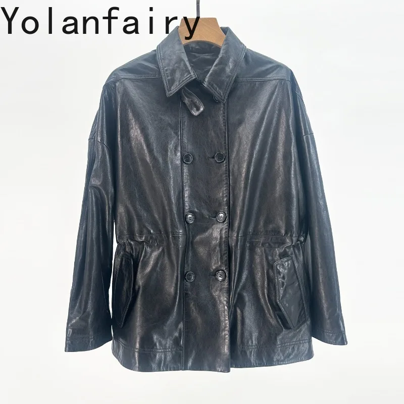 YOLANFAIRY Top Layer Sheepskin Real Leather Trench Coats for Woman Beautiful 100% Genuine Leather Jacket Women Casual Outerwear