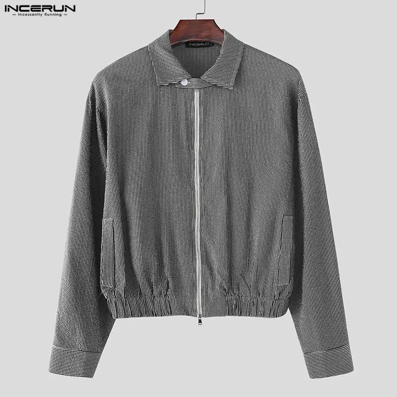 

INCERUN мужские полосатые куртки с лацканами и длинными рукавами на молнии повседневные мужские тонкие пальто уличная одежда свободные весенне-осенние модные куртки мужские