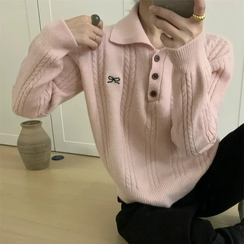 Women\'s Sweater Autumn And Winter New Korean Bow P0L0 Collar Knit Pullover Casual Versatile Ageing Tops