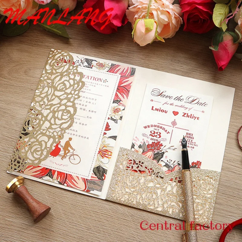 Custom  Customized Luxury Wedding Invitations Cards Kits Laser Cut Hollow Rose Pocket Wedding Invitations with Envelopes