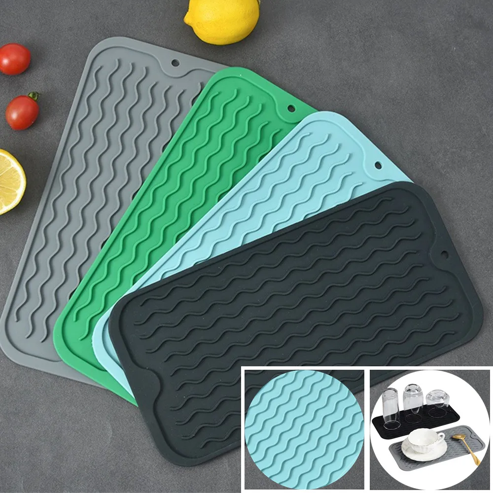 Silicone Dish Drying Mat 15 x 29.5cm Large Drying Mat Non-slip Heat Resistance Waterproof Counter top Mat Sink Mat Table Decor