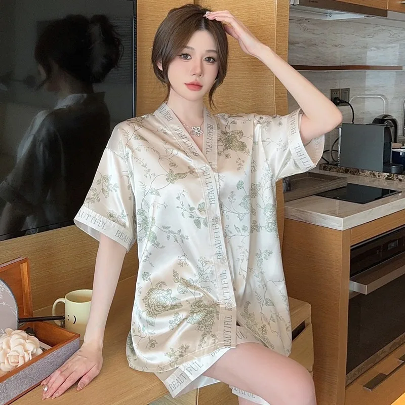 플러스 사이즈 여성용 여름 면 파자마, 스윗 기모노 칼라 오픈 가디건 투피스 세트 홈웨어, 외출복으로도 가능