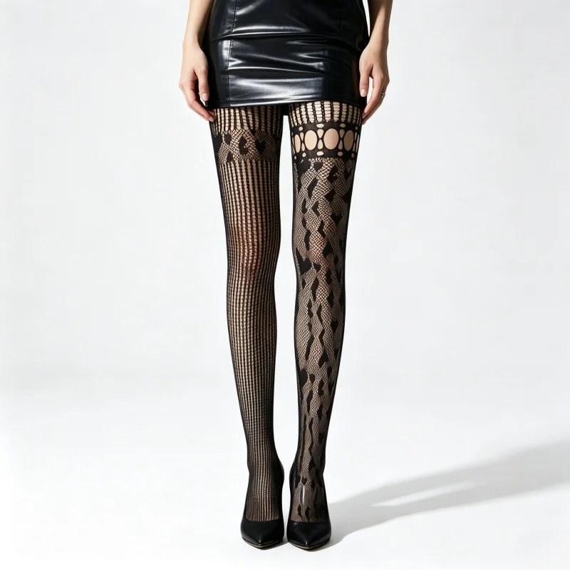 Y2K Gothic Black Mesh Tights for Ladies,Vertical Striped Hollow Cutout Pantyhose,Fashion Irregular Pattern Fishnet Stockings