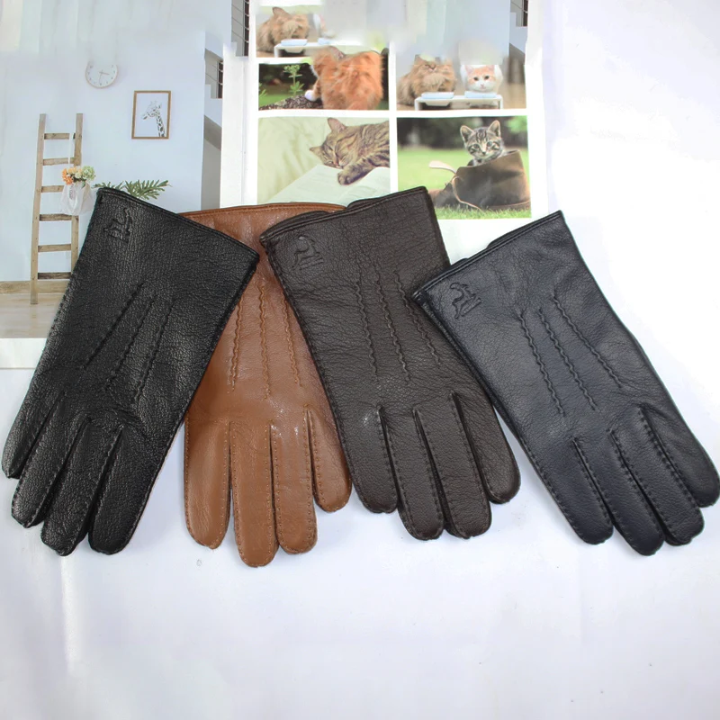 Touch Screen New Men's Deerskin Gloves Leather Fashion Corrugated Wool Knit Lining Winter Warm Driving Gloves Autumn