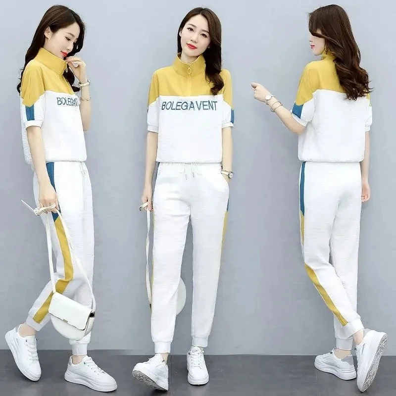 Women Stand-Up Collar T-Shirt And Sports Pant Sets Female 2022 Summer New Fashion Temperament Thin Two Piece Suit Elegant White