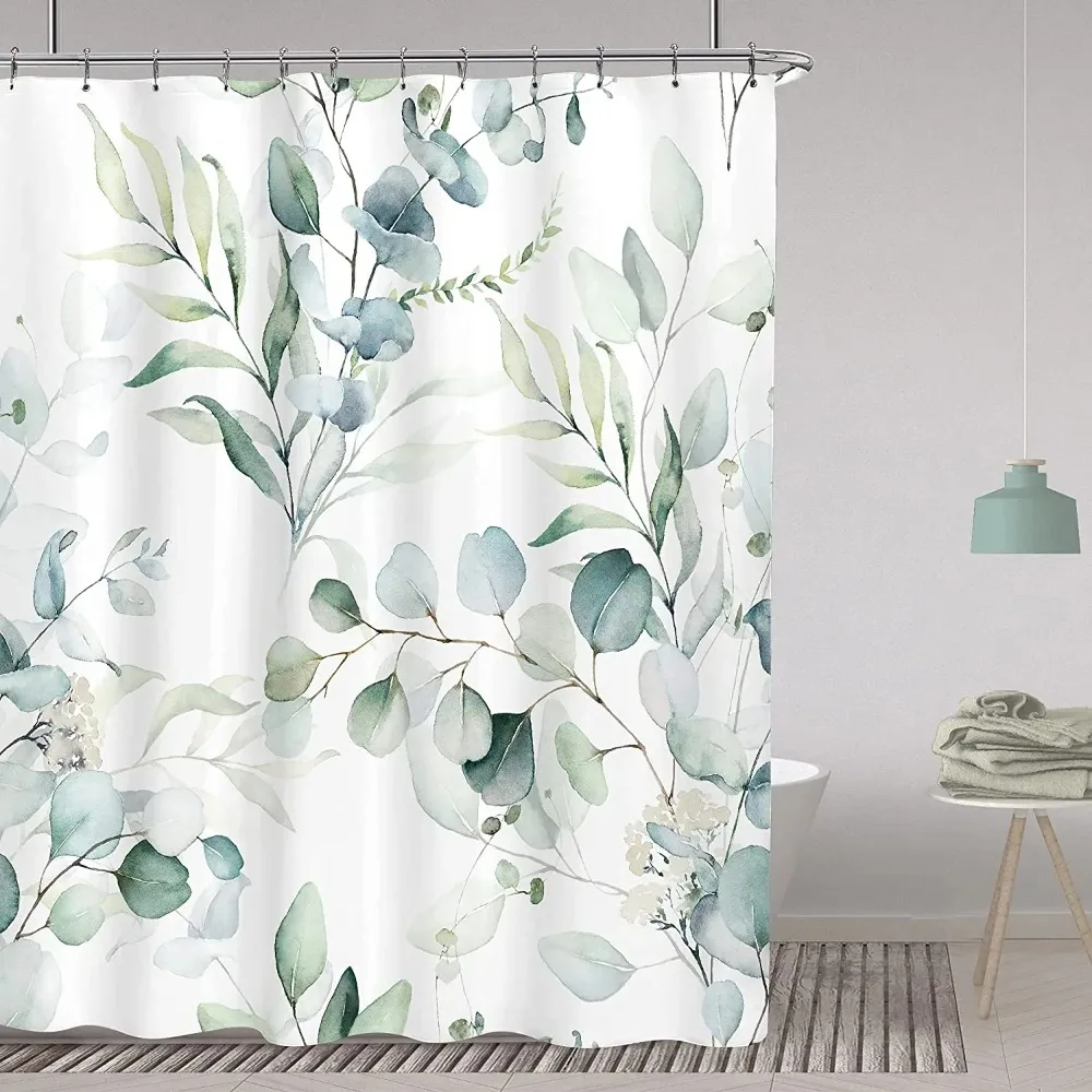

Eucalyptus Leaves Shower Curtain Watercolor Green Leaf Shower Curtains for Bathroom Rustic Botanical Branch Bathtub Accessories