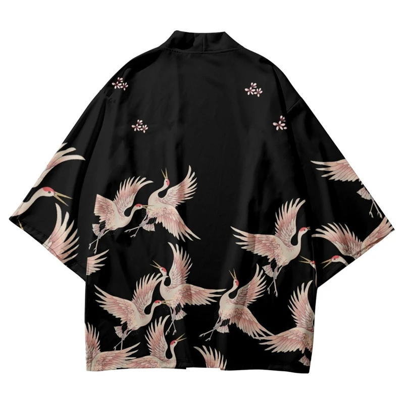 Fashion Japanese Crane Print Black Kimono Women Cardigan Traditional Cosplay Haori Beach Asian Clothes Casual Shirt Yukata