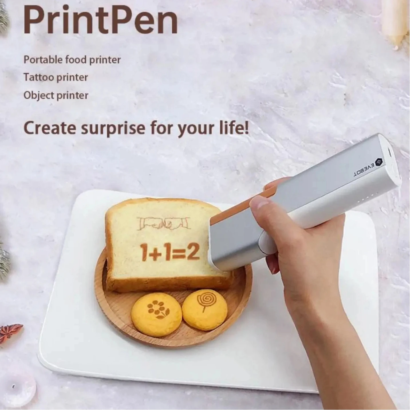 

Printpen Handheld food printer, coffee, milk tea, pastry, mouth cloth, tableware, logo pattern, custom latte art