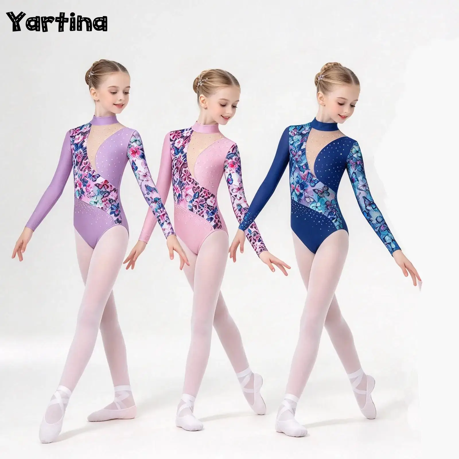 Maillots de gimnasia para niñas, maillots de patinaje artístico, maillots de ballet, trajes de danza, maillot de manga larga con estampado de leopardo y detalles de pedrería, body de malla.