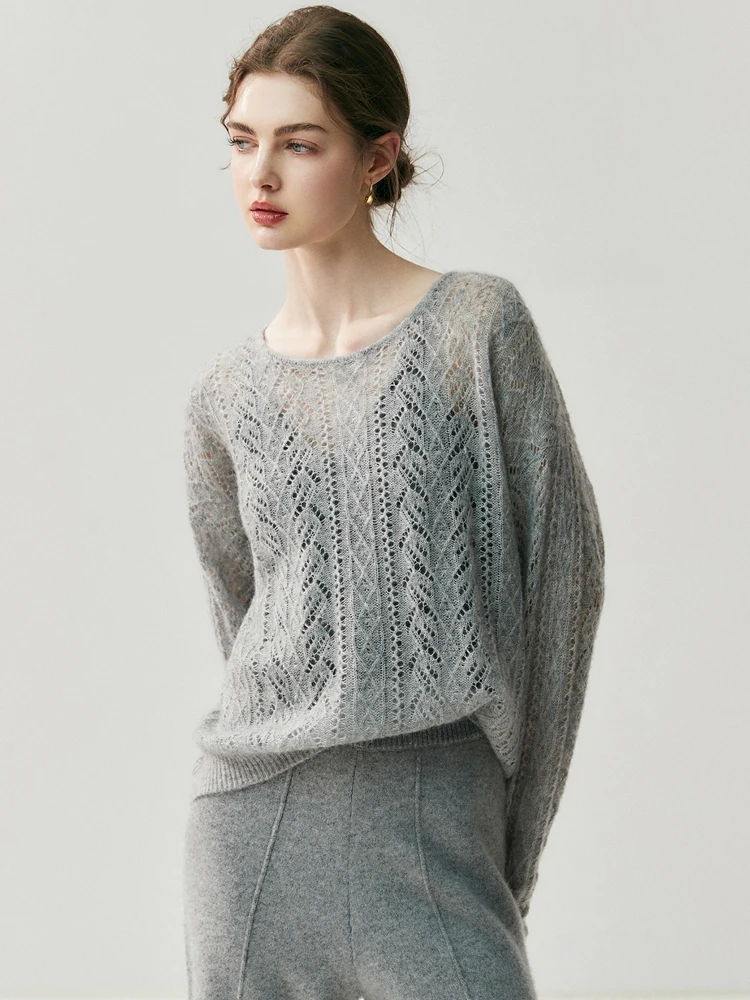 

MEETCC Spring Autumn Women 100% Cashmere Pullover Sweater O Neck Hollow Out Casual Fashion Versatile Long Sleeve Clothing Tops