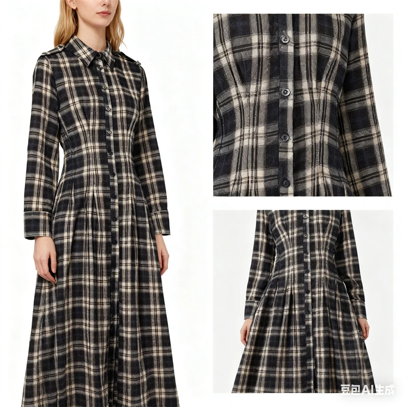 Vintage geruite shirtjurk dames lange mouw button-down maxi elegante casual lente-outfit